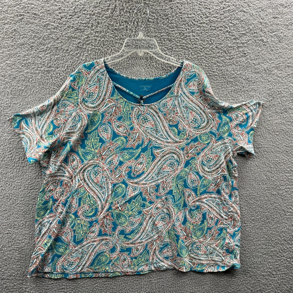 Catherines Womens Boho Shirt 3X Paisley Relaxed Casual Short Sleeve Stretch Top
